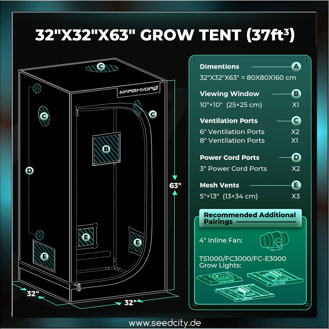 MARS HYDRO - FC1500-EVO Samsung LED 150W Growbox Komplettset - 80x80x160cm