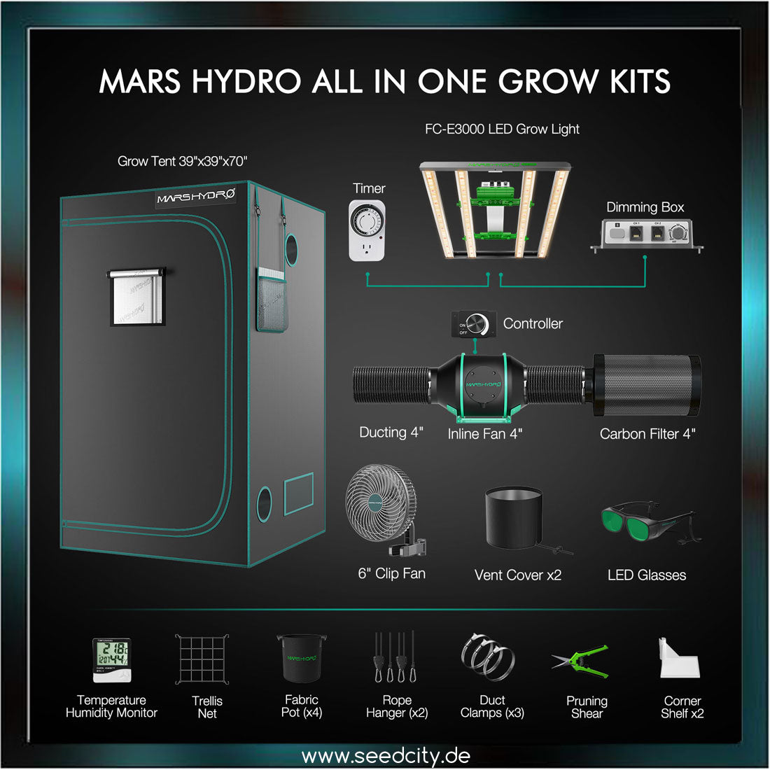MARS HYDRO - FC-E3000 LED 300W Growbox Komplettset - 100x100x180cm